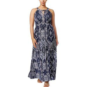 INC Paisley Print Beaded Maxi Dress, Navy White Women's Size 1X